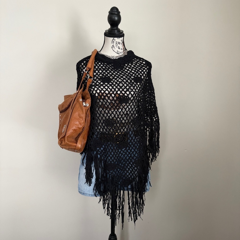 black boho crochet summer shawl poncho with fringe